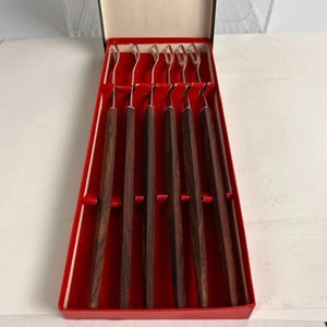 Juego de 6 horquillas de fondue con mango de madera de teca 12" Japón MCM Bar BBQ Smores años 60 - Imagen 1 de 10