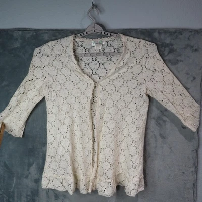 Cárdigan Lady Noiz Mujer 2XL Blanco Encaje Crochet Manga 3/4 Volantes Dobladillo Gancho Foto 1 de 4