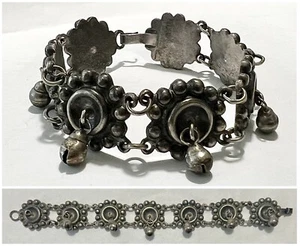 EARLY Vintage Signed MEXICO SILVER Bracelet with JINGLE BELL Dangles 7-3/4”, 42g - Picture 1 of 12