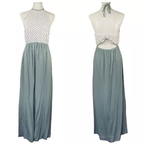 Maxi Vestido Para Mujer Dobladillo e Hilo Grande Verde Salvia Rayas Halter Espalda Abierta - Imagen 1 de 8