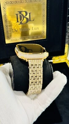 CUSTOM 24k Gold Plated Apple Watch ULTRA 3 49mm Zircon Diamonds ICED Gold Band - Image 1 of 4