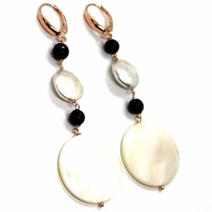 Pendientes Colgantes Oro Rosa, 18K 750 , Ónix Negro, Perlas, Nácar Disco - Imagen 1 de 8