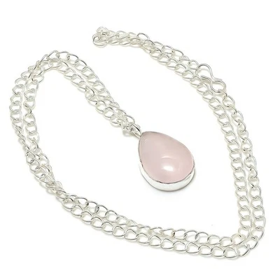 Quarzo Rosa Gemma Fatto a Mano 925 Argento Sterling Gioiello Collana - Immagine 1 di 4