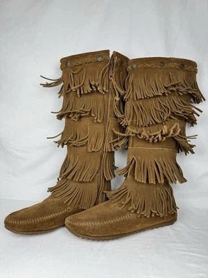 Botas femininas Minnetonka 5 camadas franja 10 camurça marrom zíper lateral Moc Toe 1658 - Imagem 1 de 4