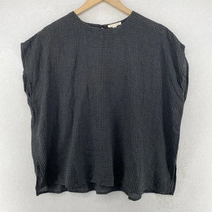 EILEEN FISHER Top M Organic Linen Check Gingham Square Keyhole Back Gray - Picture 1 of 12