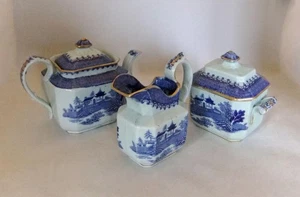 Antique Ironstone Teapot, Milk Jug & Sugar Bowl Set: Blue & White C.1840 - Picture 1 of 13