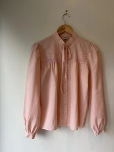 Vintage 1980s High Neck Tie Embroidered Cutout Lace Front Peach Shirt - Picture 1 of 7