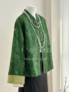 Retro Tang Style Jacquard Buckle Shirt Chinesestyle Jacke Grün Langarm Oberteil - Bild 1 von 17