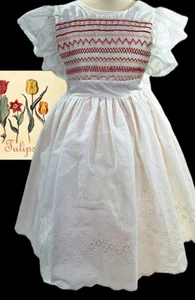 Vintage Toddler Girl Smocked White Eyelet Pinafore Apron Flutter Sleeves - Picture 1 of 14
