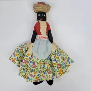 Vtg Jamaica Souvenir Cloth Black Rag Doll Chiquita Fruit Earrings Apron Bust 11" - Picture 1 of 17