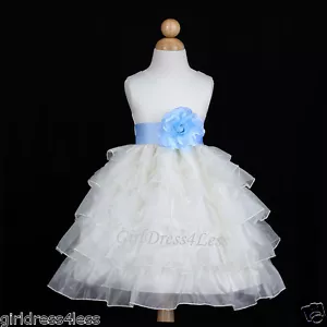 ABITO DA SPOSA AVORIO/BLU CIELO FESTA SFILATA MATRIMONIO FIORI RAGAZZA 12M 18M 2 4 6 8 10 - Foto 1 di 2