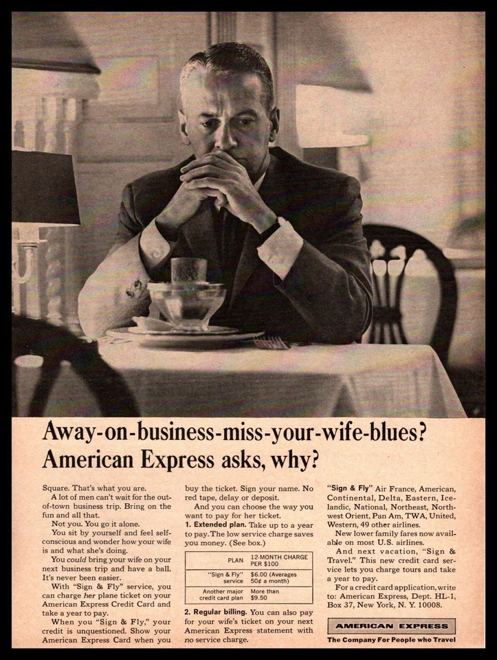 American Express 1965 tarjeta de crédito hombre de negocios "Miss Your Wife Blues" anuncio impreso Foto 1 de 1