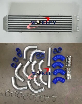 Aluminum Turbo Intercooler 2" 550x140x80mm SAME SIDE I/O + Piping Blue hose Kits - image 1 of 4