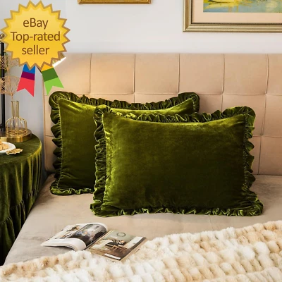 Juego de 2 fundas de almohada de terciopelo retro con volantes adornos suaves decorativos de lujo Foto 1 de 4