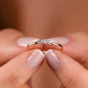 14k Solid Rose Gold Lab Grown Diamond Trio Band Dainty Diamond Engagement Ring - Picture 1 of 7