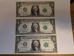 THREE (3) $1 BILLS FANCY NOTES, Low Serial Numbers 3 Digits - - Picture 1 of 2