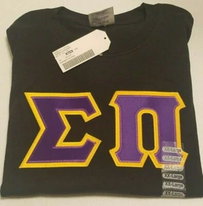 SIGMA PI - GOLD and PURPLE Lettered BLACK t-shirt: Size SMALL - Picture 1 of 2