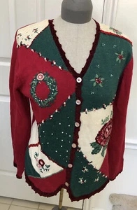 Susan Bristol Cardigan Sweater Hand Embroidered Rose Flowers M - Picture 1 of 11