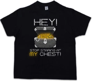 HEY STOP STARING AT MY CHEST Kids Boys T-Shirt Ninja Looter Fun RPG MMORPG Gamer - Picture 1 of 1