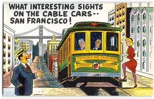 Teleféricos "Vistas Interesantes" SAN FRANCISCO cómic c1950 postal vintage - Imagen 1 de 2