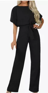 Coli Black 2XL Round Neck Belt Wide Leg Overall Romper Zip Short Sleeve Formal - Picture 1 of 9