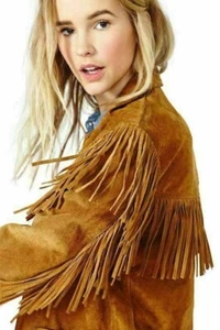 Suede Leather Western Women Fringed Jacket, Classic Traditional Native American - Picture 1 of 5