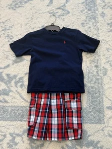 Boys Polo Ralph Lauren navy t-shirt and plaid shorts size 5 - Picture 1 of 5