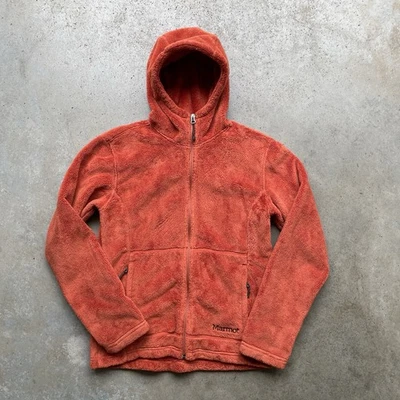 Marmot Women's Fuzzy Fleece Hooded Jacket Full Zip Size Medium Orange - Image 1 of 4
