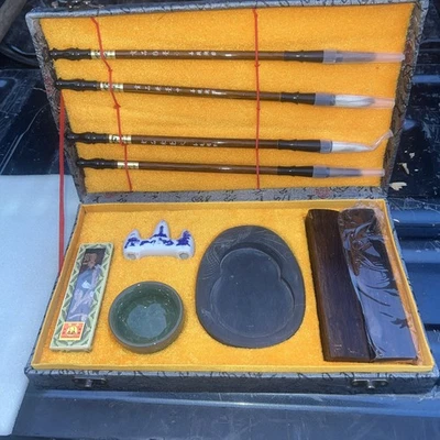 10 Piece Chinese Traditional Calligraphy Art Ink Set. Brushes, Stone, Ink - Image 1 of 2