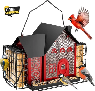 Comederos para pájaros para colgar al aire libre - Alimentador de pájaros de metal con jaula de doble gamuza - Foto 1 de 4