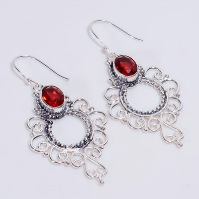 Red Garnet Gemstone Vintage Handmade 925 Sterling Silver Earrings 2.4" KE-415 P7 - Image 1 of 4