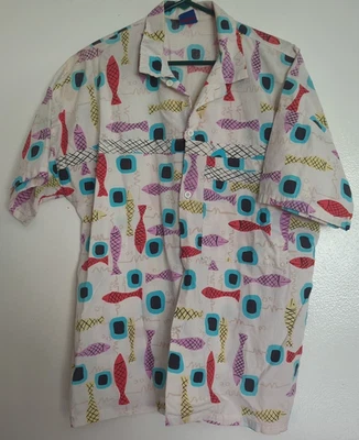 VTG Surfing Hawaiian Shirt Ocean Pacific Mens Large Abstract Fish OP Beachwear - Image 1 of 3