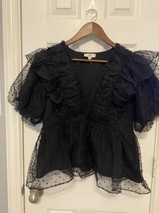 Blusa Entro Swiss Dot Volantes Encaje Cuello en V Negra Gótica Para Mujer Grande - Imagen 1 de 3