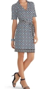 White House Black Market XS Dress Short Sleeve Tie Waist Blue Pattern Chain - Picture 1 of 9