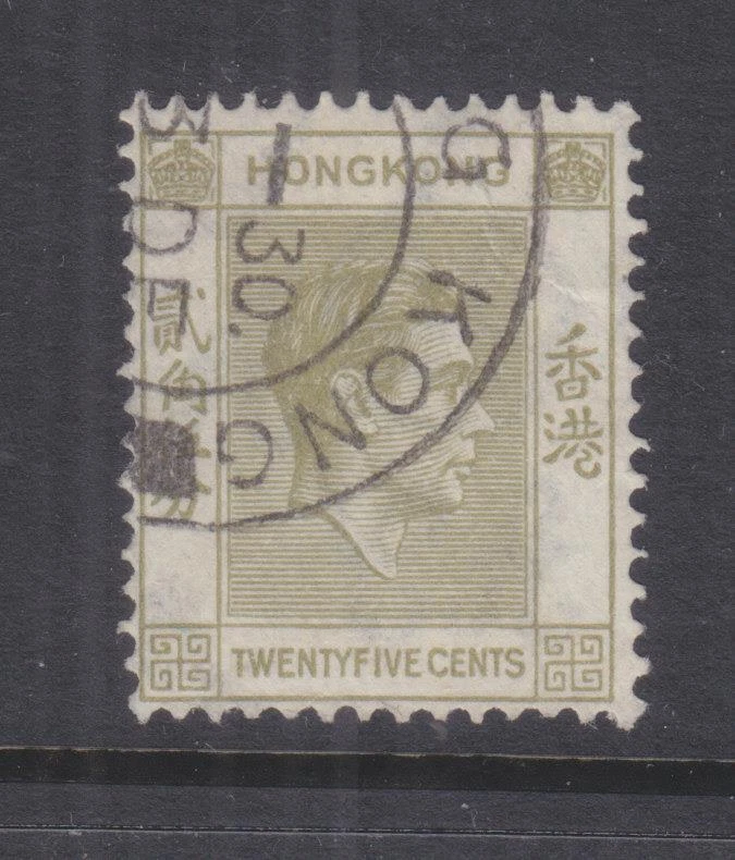 HONG KONG, 1946 KGVI 25c. Oliva amarilla pálida, usada. Foto 1 de 1