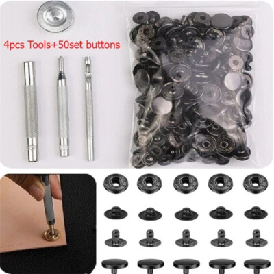 Leather Snap Fasteners Kit 15mm Brass Button Snaps Press Dark Gray With 4 Tool - Image 1 of 4