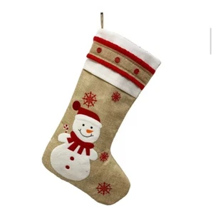 Burlap Christmas Stocking with Snowman and Candy Cane 17” By 10” A20 - Picture 1 of 4