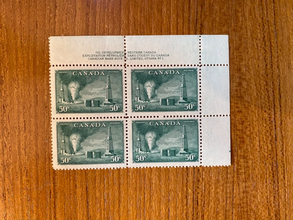 Canada Stamp Plate Block - 1950 50-cent OIL WELLS Plate Block No. 1  UR Bk of 4 - Image 1 of 1