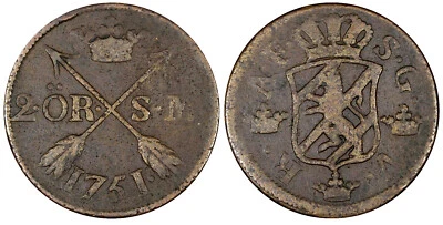 SWEDEN COPPER Adolf Frederick 1751 2 Ore S.M.Mintage353,000 SCARCE KM# 461 (377) - Image 1 of 3