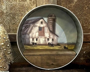 Primitive Americana Wall Mount Wash Bin Shelf w Flag Holstein Cow Barn Scene 12" - Picture 1 of 8