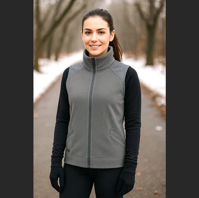 Under Armour Vest Women's MEDIUM ColdGear Gray Fleece Zip Pocket Loose Athletic - Image 1 of 4