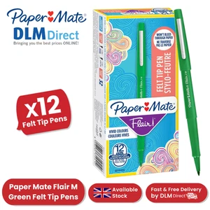 Paper Mate Flair Green Pens Medium Point 0.7mm - Won’t Bleed Ink - Box of 12 - Picture 1 of 8