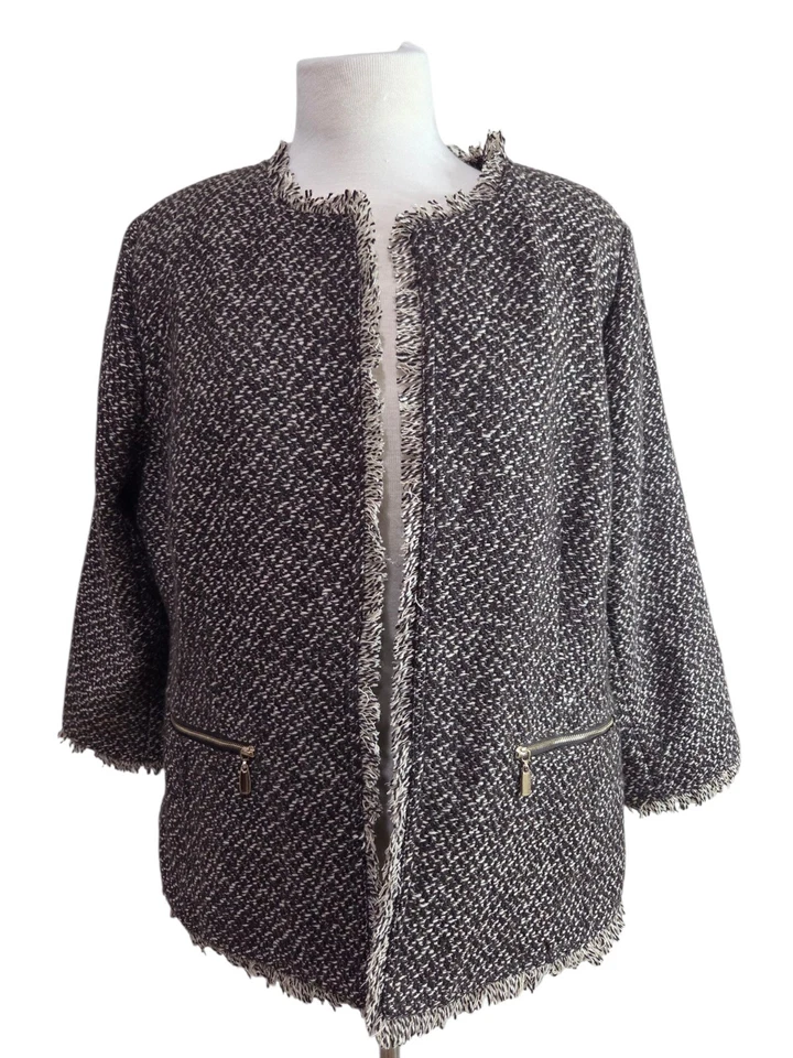Blazer Joan Rivers Tweed Boucle Chaqueta de Carrera con Flecos Frente Abierto Forrado Talla 16 Foto 1 de 4