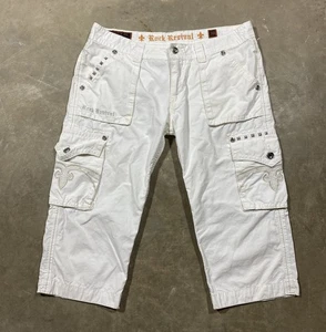 Pantalones Cortos Carga Rock Revival Blancos Hombres 32x18 Tachonados Solapa Bolsillos Bordados - Imagen 1 de 10