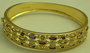 GORGEOUS GENUINE FIVE MULTI-GEMSTONE 18K GOLD VERMEIL BANGLE 7.25" - Picture 1 of 5