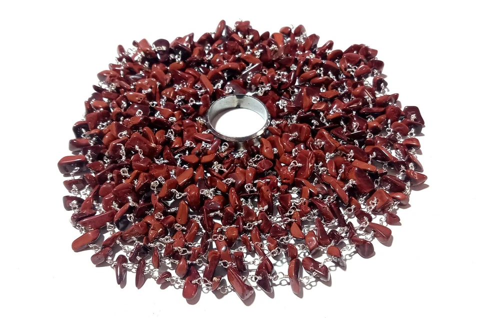 Red Jasper Stone Chip 4-6mm Beads Rosary Beaded Chain Silver Plated 5 Feet - Image 1 of 4