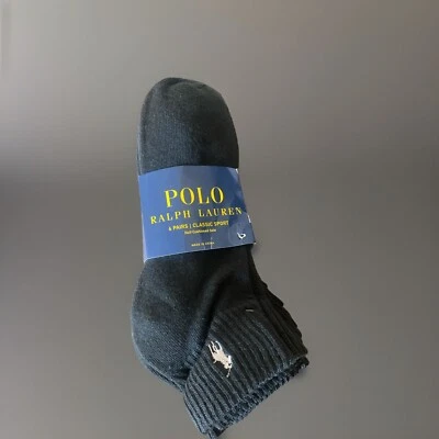 Polo Ralph Lauren Athletic 6-Pair Men's Quarter Crew Socks Black with Gray Pony  - Image 1 of 4