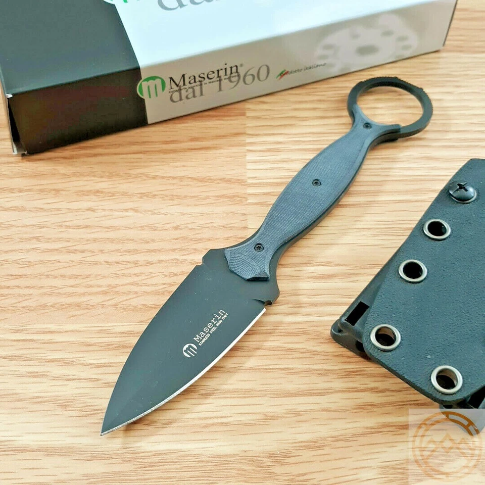 Maserin Black G10 Handle Neck Fixed Blade Knife W/ Black Tanto Point 921/t