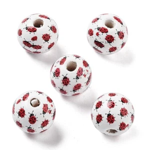 Ladybird Beads Round Wooden White With Red Ladybug Pattern 16mm Diameter 10pcs - Picture 1 of 6
