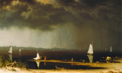 THUNDER STORM ON NARRAGANSETT BAY 1868 PAINTING BY MARTIN JOHNSON HEADE REPRO - Image 1 of 3